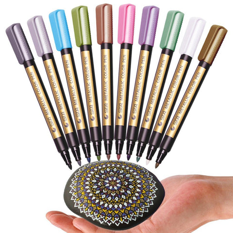 Metallic Markers Pen for Rock Painting - Medium Point, Metallic Color Paint Markers for Ceramic Painting, Glass 10 Colors